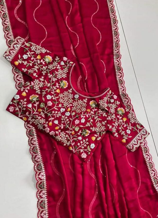 Chiffon Silk Red Party Wear Embroidery Work Saree